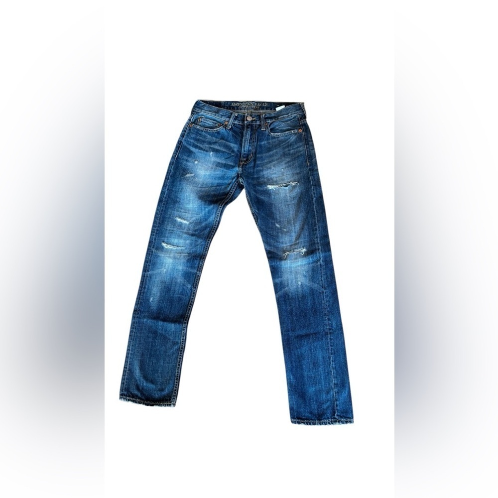 American Eagle AEO Slim Distressed Jean Sz 29X31”Blue 100% Cotton Whisker Detail